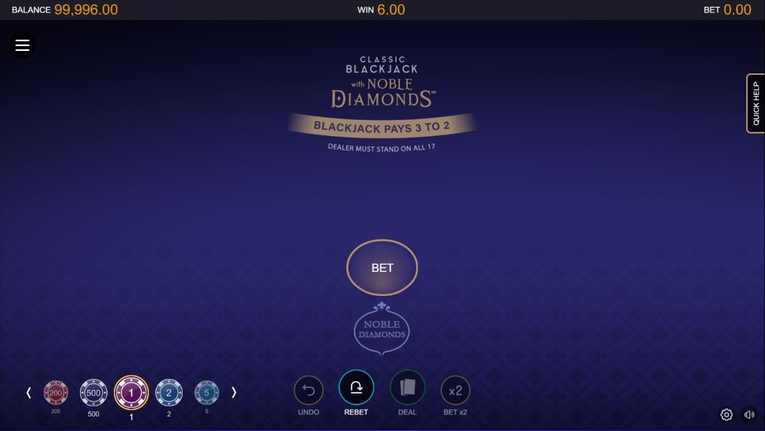 Classic Blackjack Noble Diamonds Interface